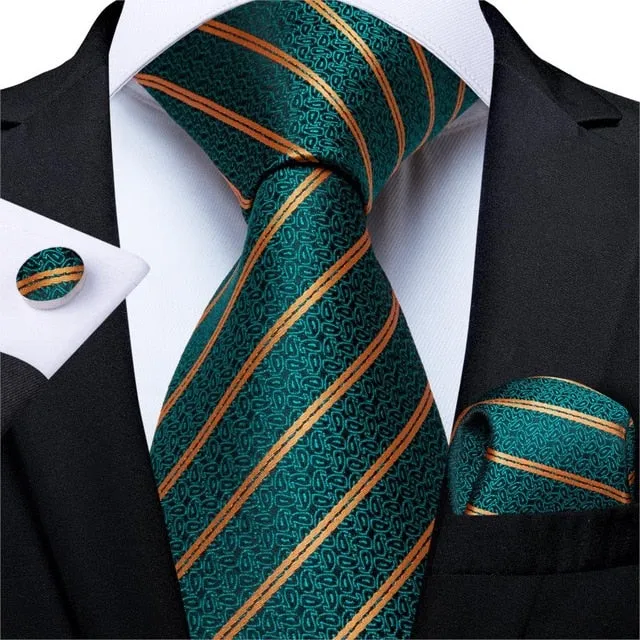 3 Piece Designer Mens Wedding Tie Gold Black Striped Silk Neck Ties Hanky Cufflinks Set