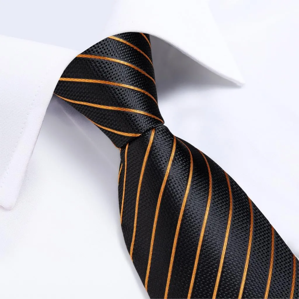 3 Piece Designer Mens Wedding Tie Gold Black Striped Silk Neck Ties Hanky Cufflinks Set