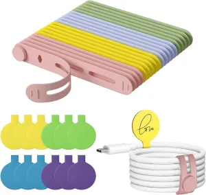 32Pcs Nearockle Cable Labels and Silicone Cable Ties Value Cable Management Set, 20 Cable Ties 12 Cord Labels for Electronics, Travel Home Office Desk Wire Organization(Multicolor)
