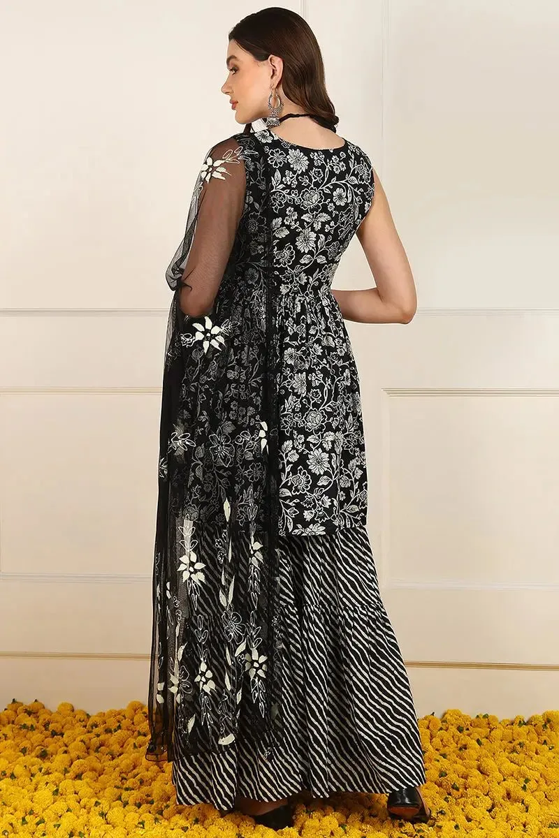 Ahika Black Cotton Floral Printed Embroidered Anarkali Suit Set