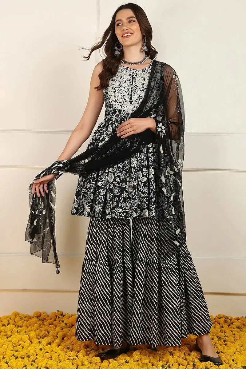 Ahika Black Cotton Floral Printed Embroidered Anarkali Suit Set