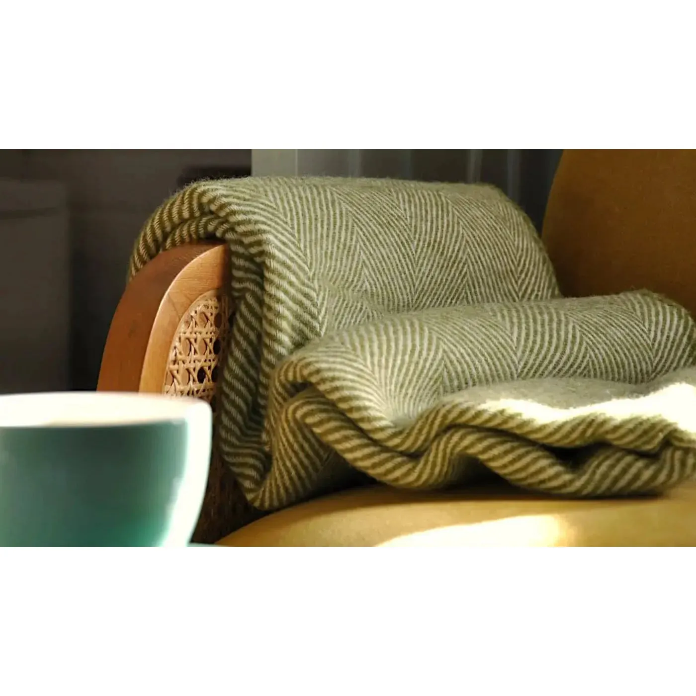 Apple Green and White Pure New Wool Herringbone Dani Throw (190cm x 130cm)