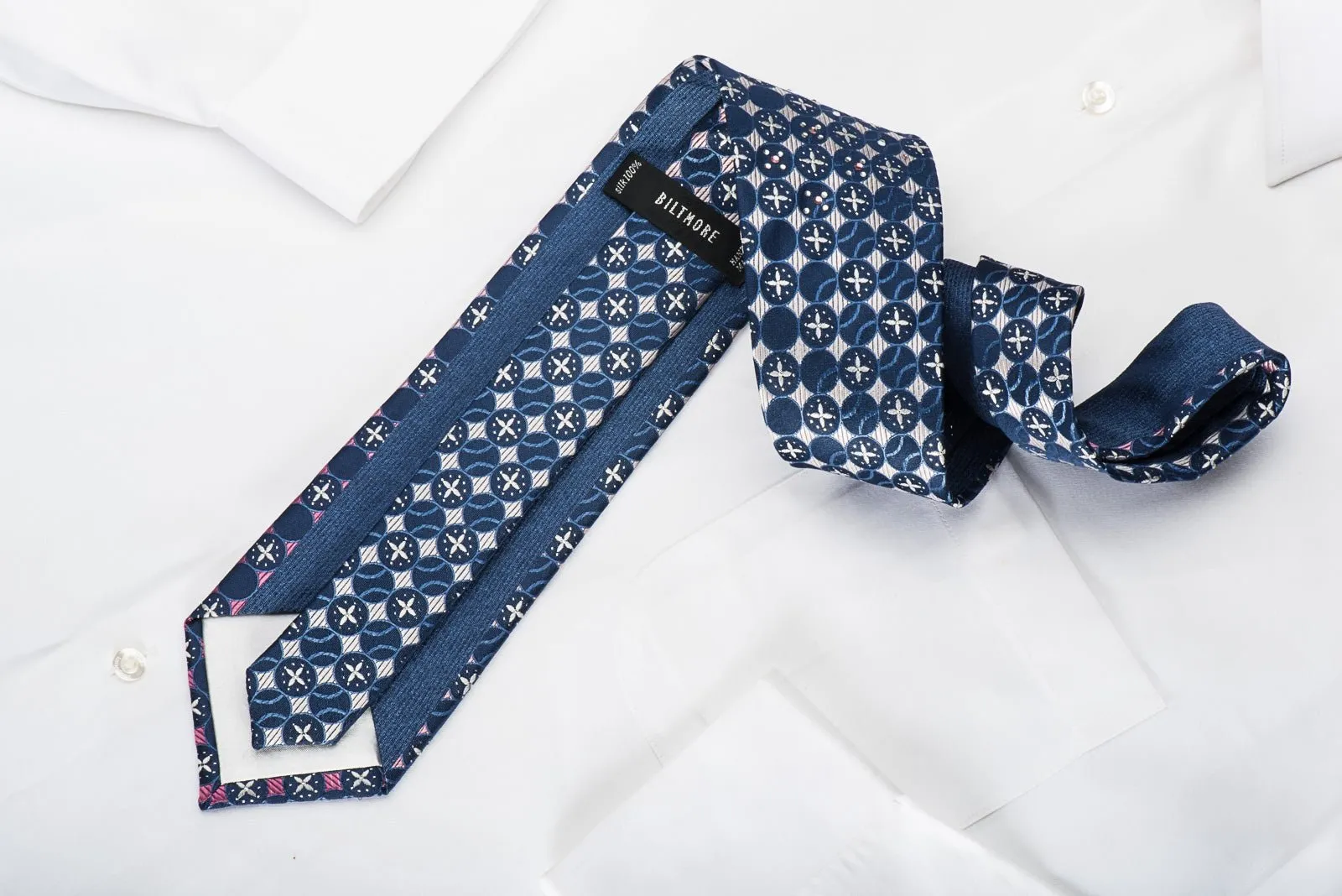 Biltmore Rhinestone Silk Necktie Blue Circles On Pink Purple With Silver Sparkles
