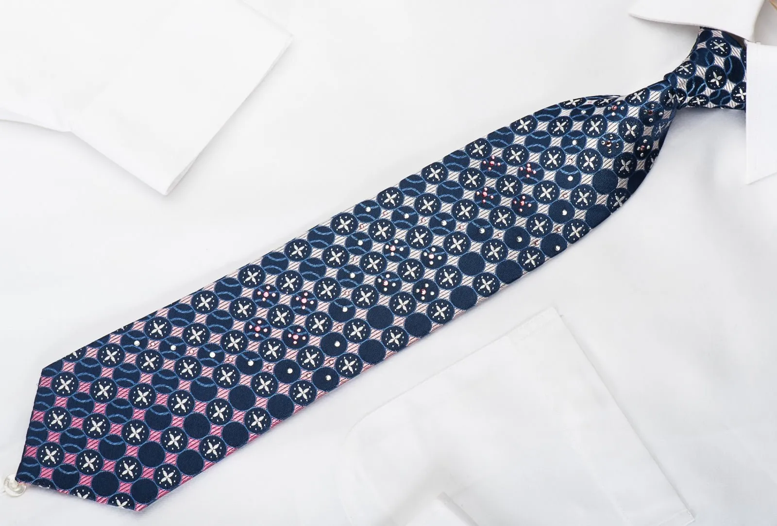 Biltmore Rhinestone Silk Necktie Blue Circles On Pink Purple With Silver Sparkles