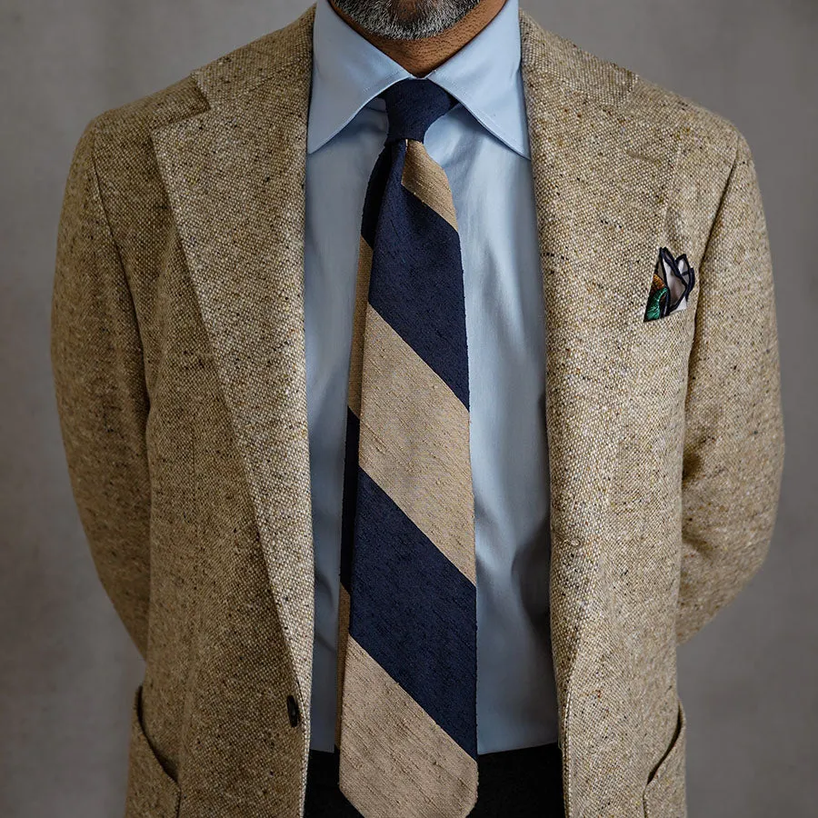 Block Stripe Shantung Silk Tie - Navy / Cream - Hand-Rolled