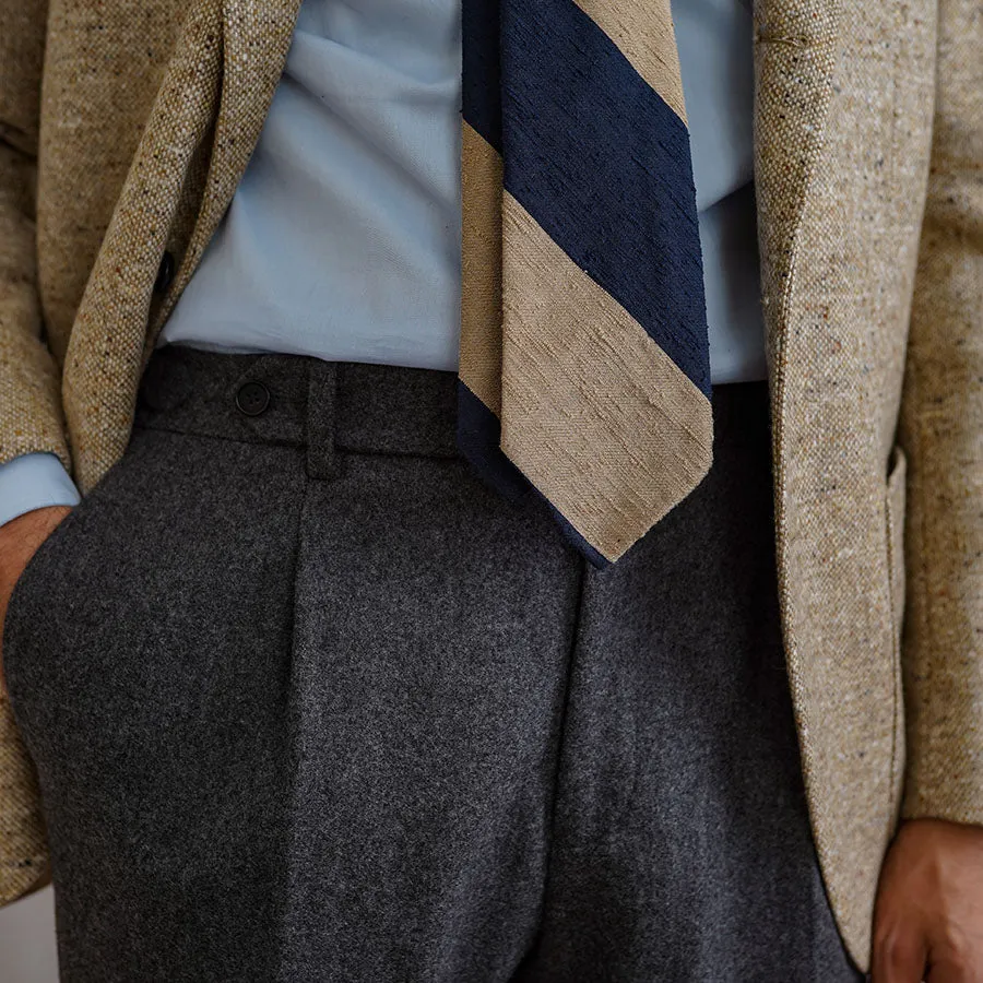 Block Stripe Shantung Silk Tie - Navy / Cream - Hand-Rolled