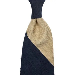 Block Stripe Shantung Silk Tie - Navy / Cream - Hand-Rolled