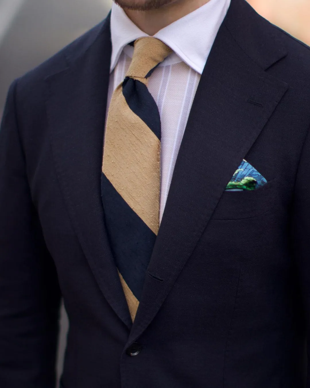 Block Stripe Shantung Silk Tie - Navy / Cream - Hand-Rolled