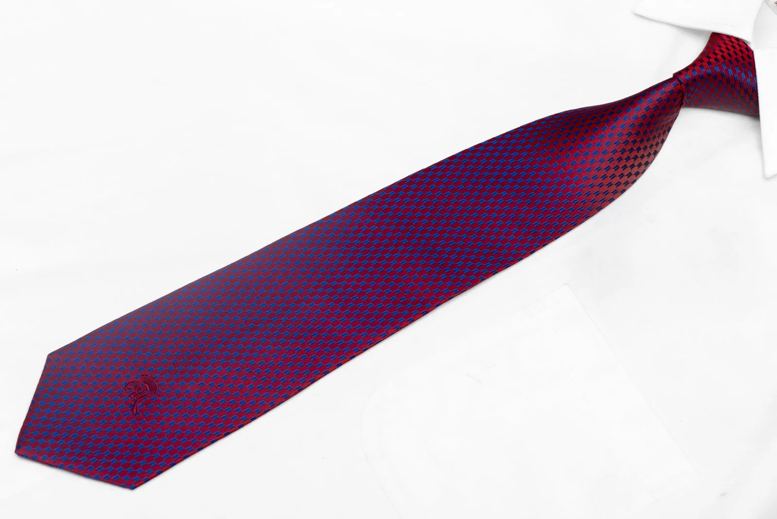 Blue Geometric Pattern On Burgundy Men's Silk Necktie