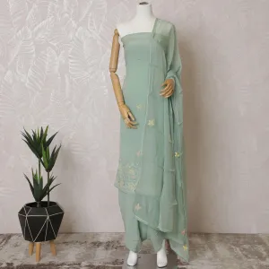 Brook green Premium pure silk crepe kameez with multicolor embroidery, bead work and mirror work in floral design. Brook green plain salwar with same tone chiffon dupatta with same tone embroidery and mirror work-D15582