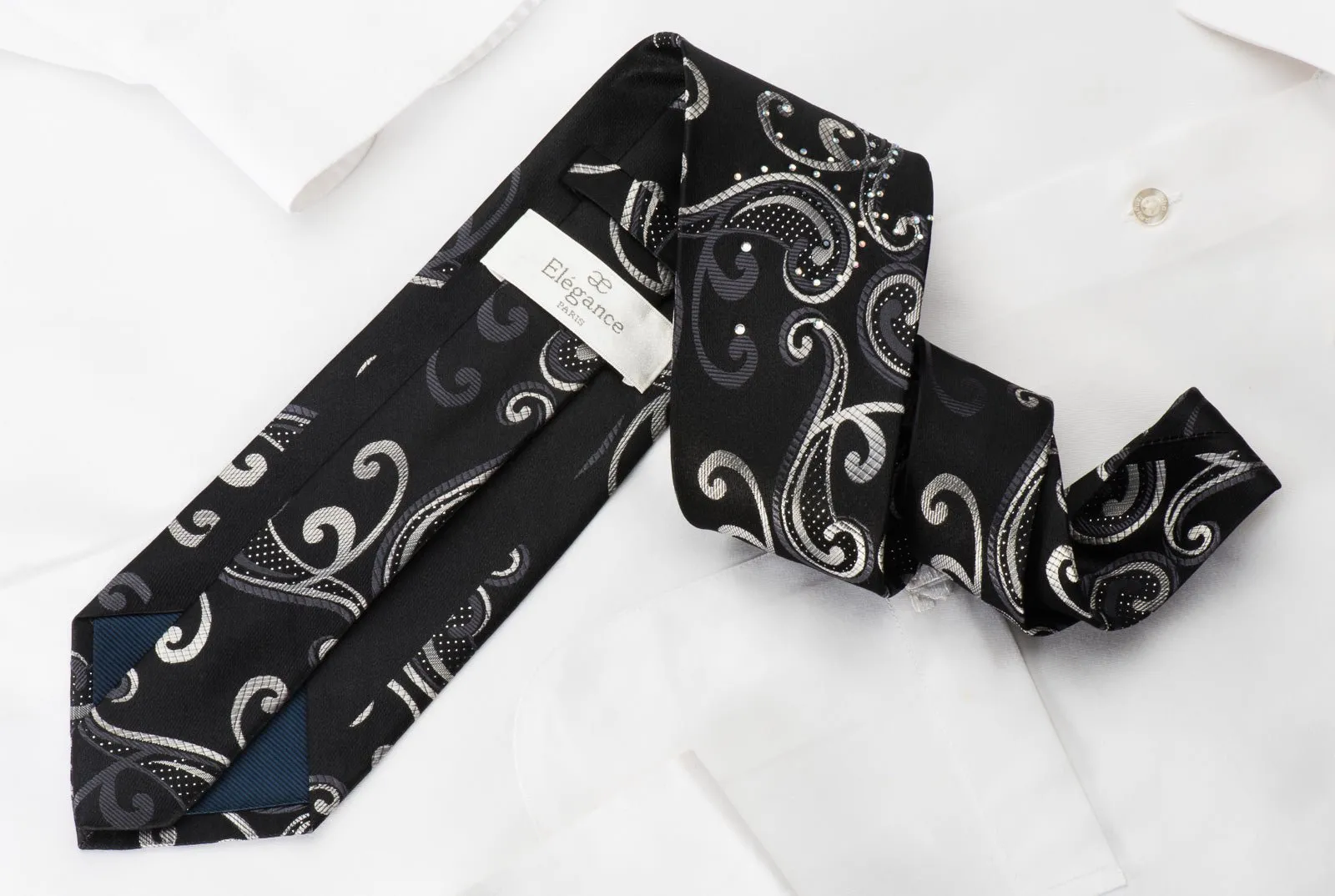 Elegance Rhinestone Silk Necktie Silver Scrolls On Black With Silver Sparkles