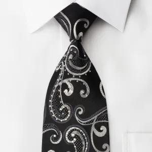 Elegance Rhinestone Silk Necktie Silver Scrolls On Black With Silver Sparkles