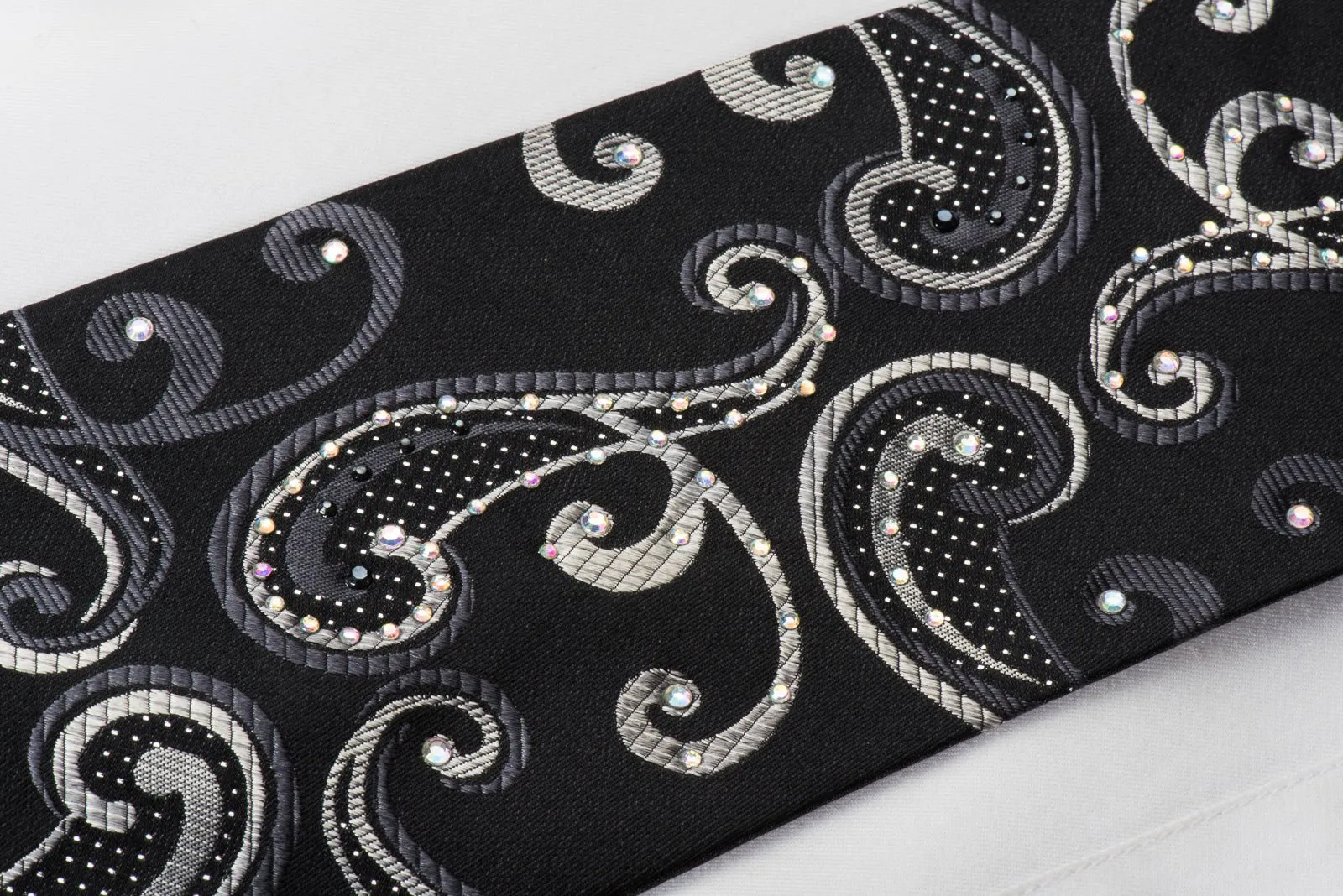 Elegance Rhinestone Silk Necktie Silver Scrolls On Black With Silver Sparkles
