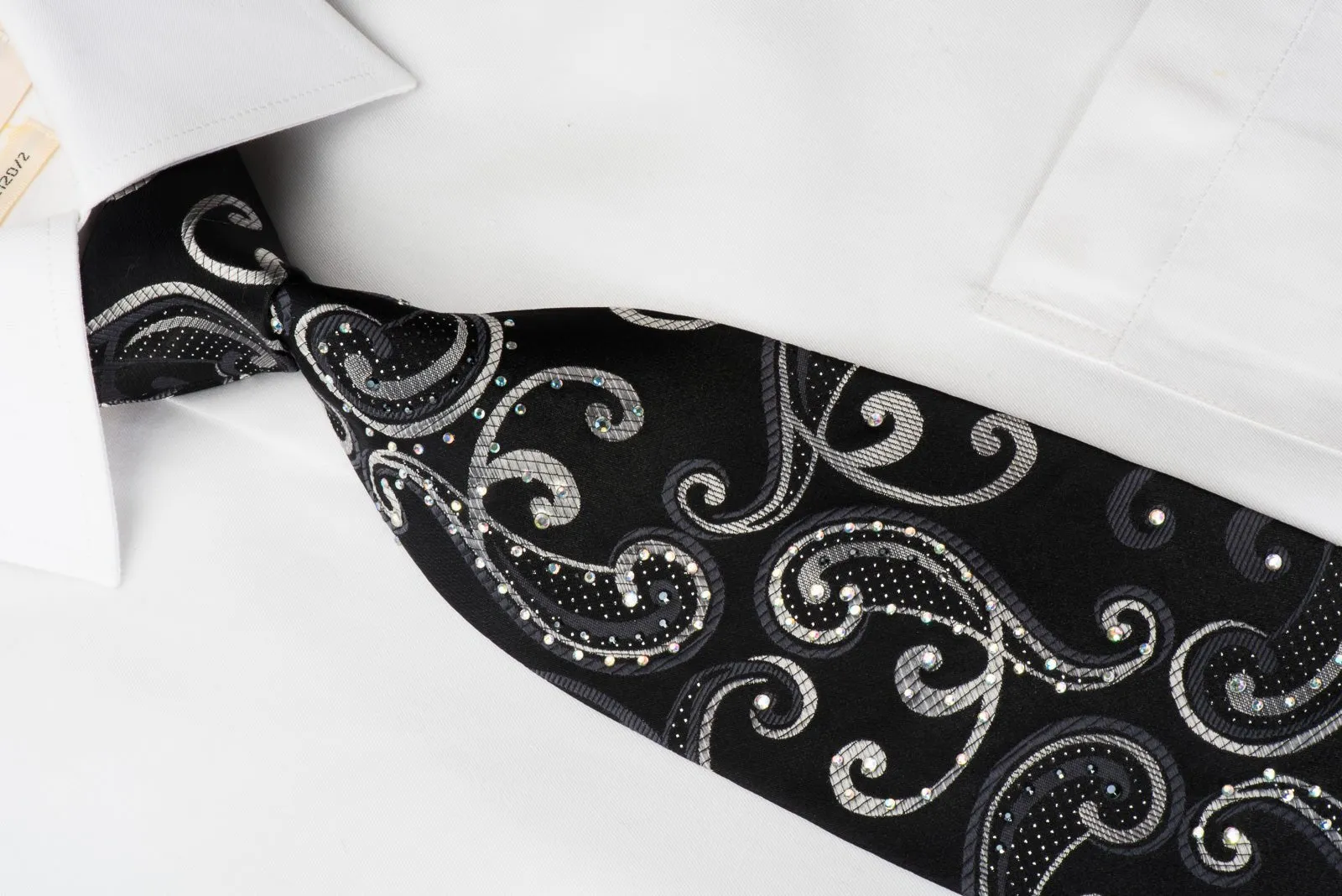 Elegance Rhinestone Silk Necktie Silver Scrolls On Black With Silver Sparkles