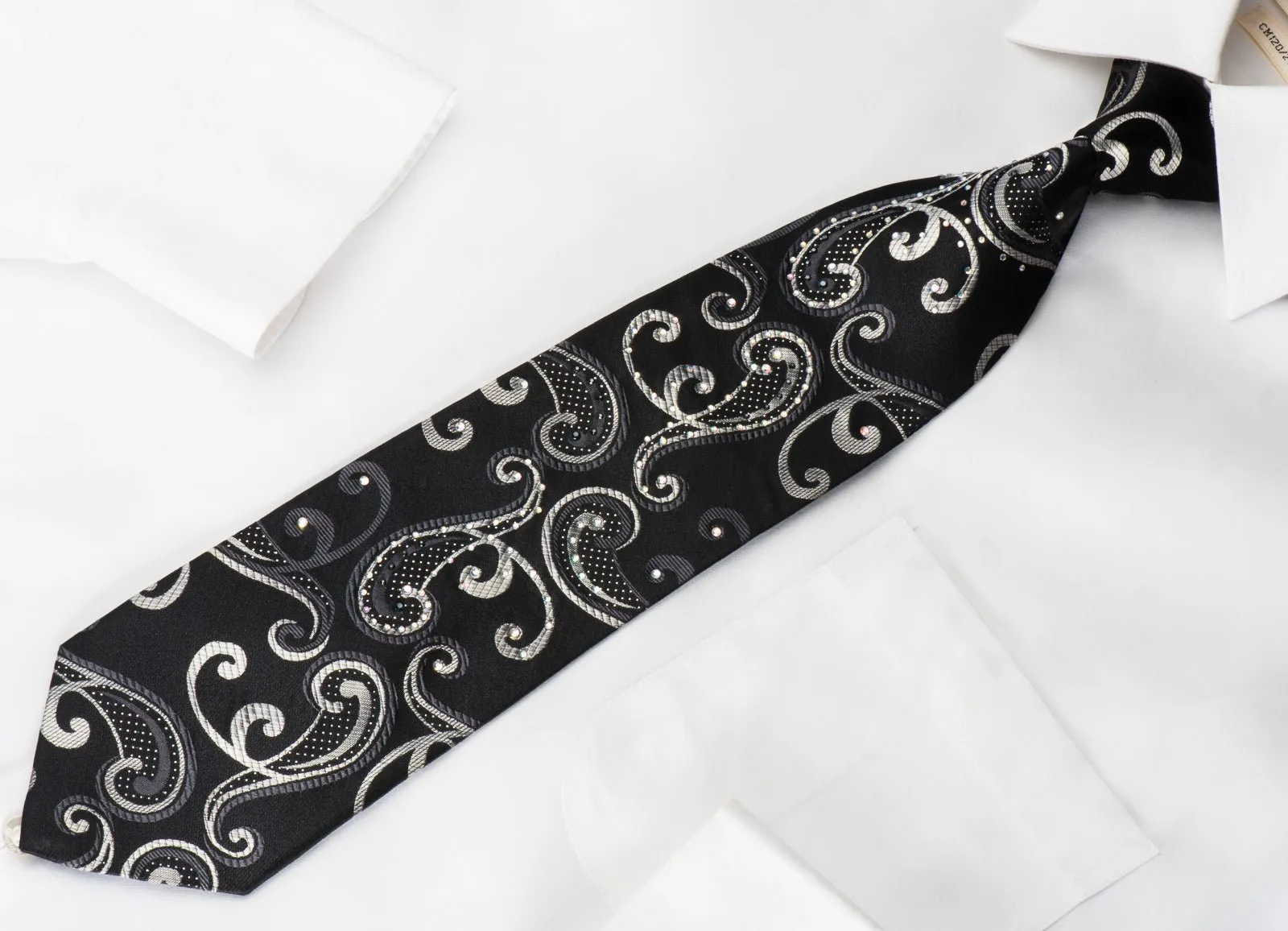 Elegance Rhinestone Silk Necktie Silver Scrolls On Black With Silver Sparkles