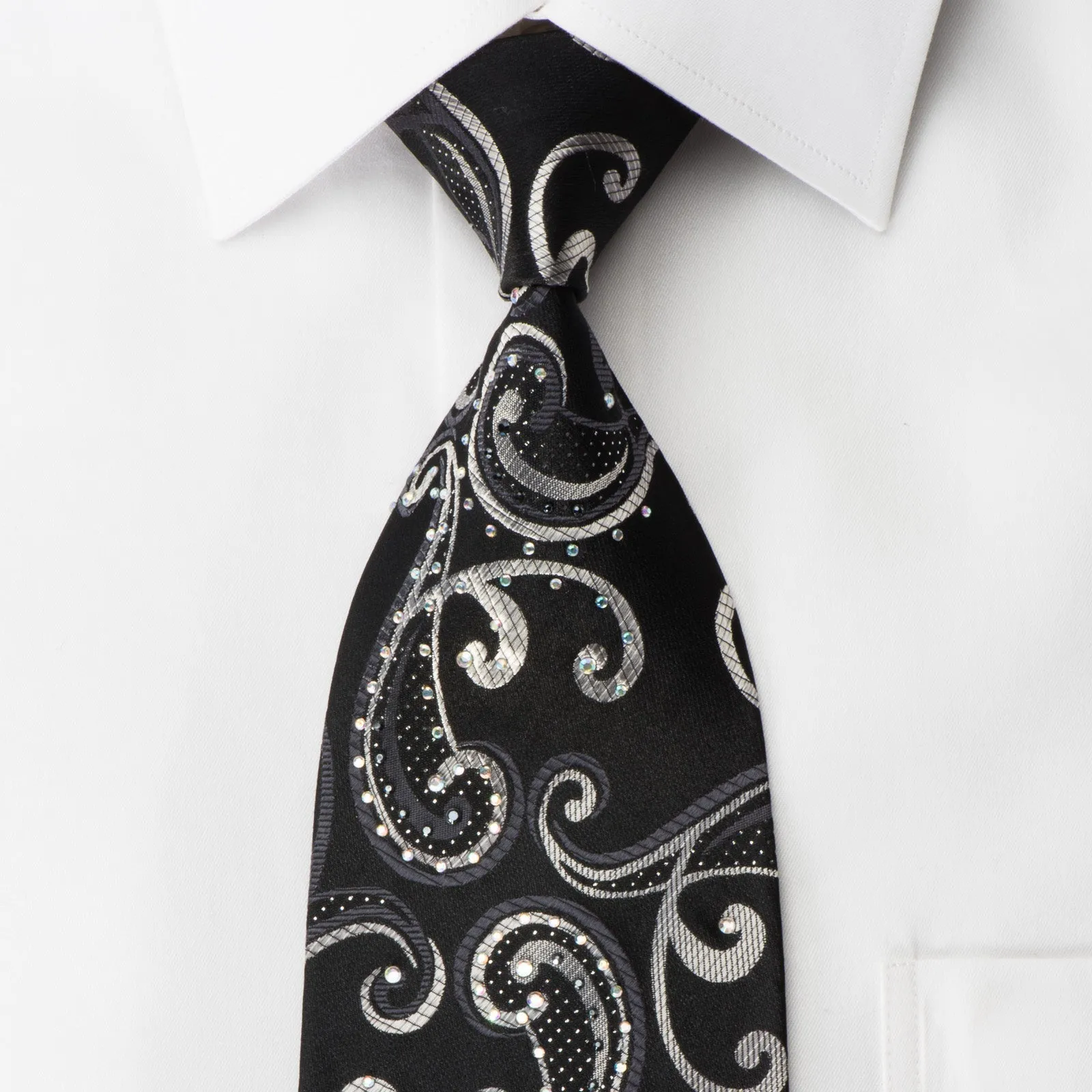 Elegance Rhinestone Silk Necktie Silver Scrolls On Black With Silver Sparkles