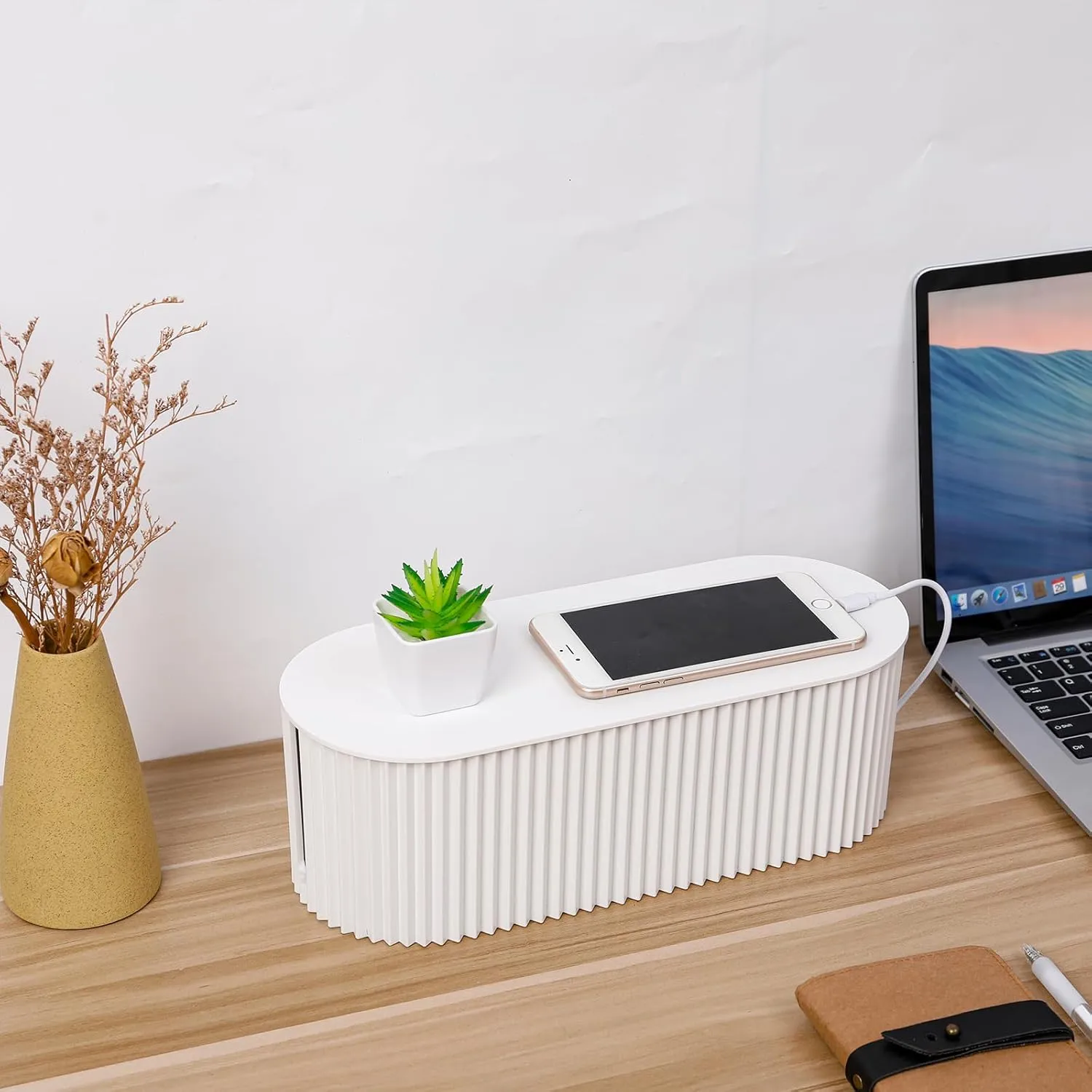 FABROK 2 Pack Cable Management Box, Cord Organizer Box with 20 Cable Ties, Power Strip Storage to Hide Charger Adapter Power Cord Charging Station White (Small Large)