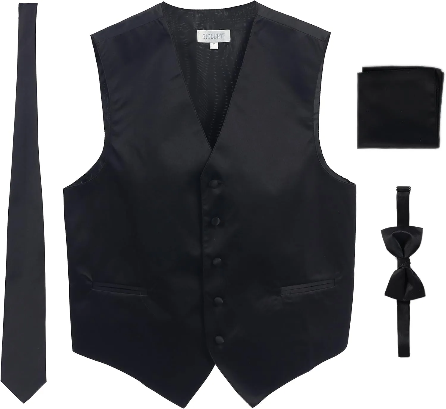Gioberti Men's Formal 4pc Satin Vest Necktie Bowtie and Pocket Square