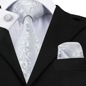 Hi-Tie Silver Gray Floral Silk 63 Inches Men's Tie Hanky Cufflinks Set