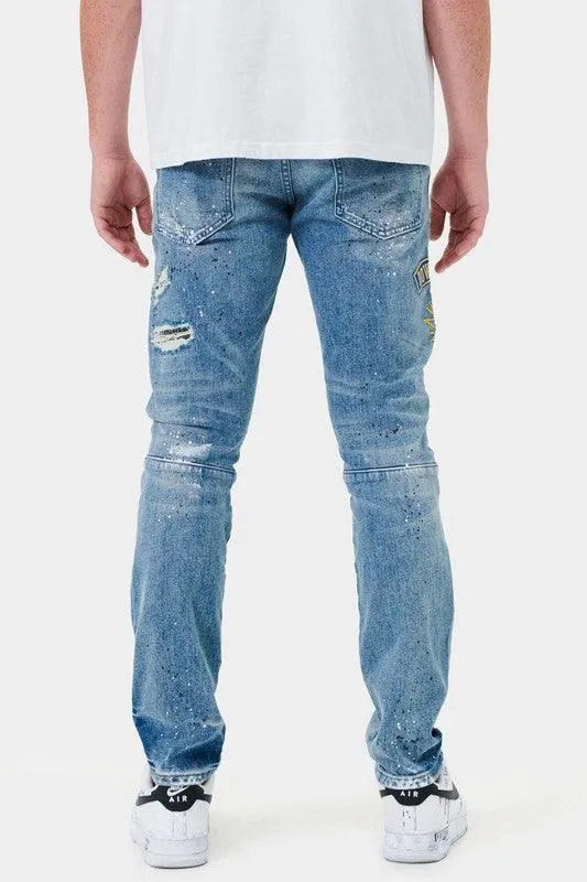 Mens Varsity Patched Slim Denim