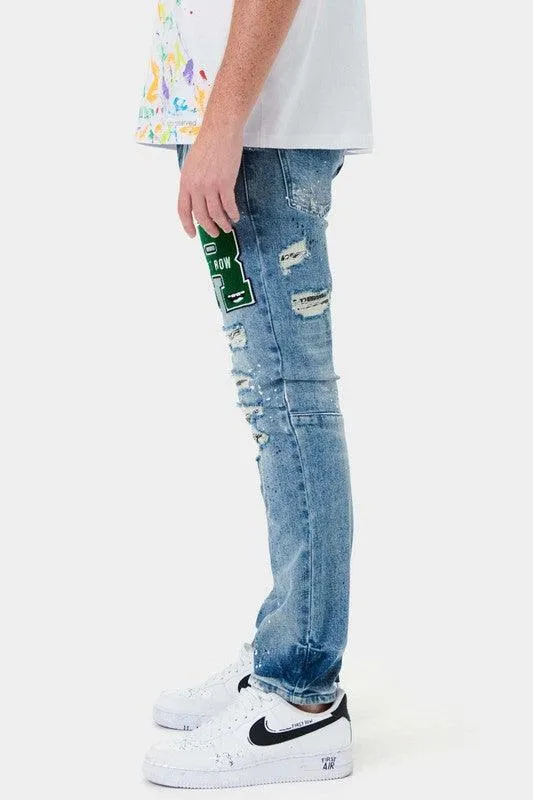Mens Varsity Patched Slim Denim