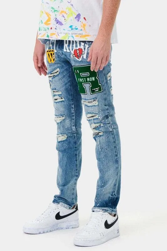 Mens Varsity Patched Slim Denim