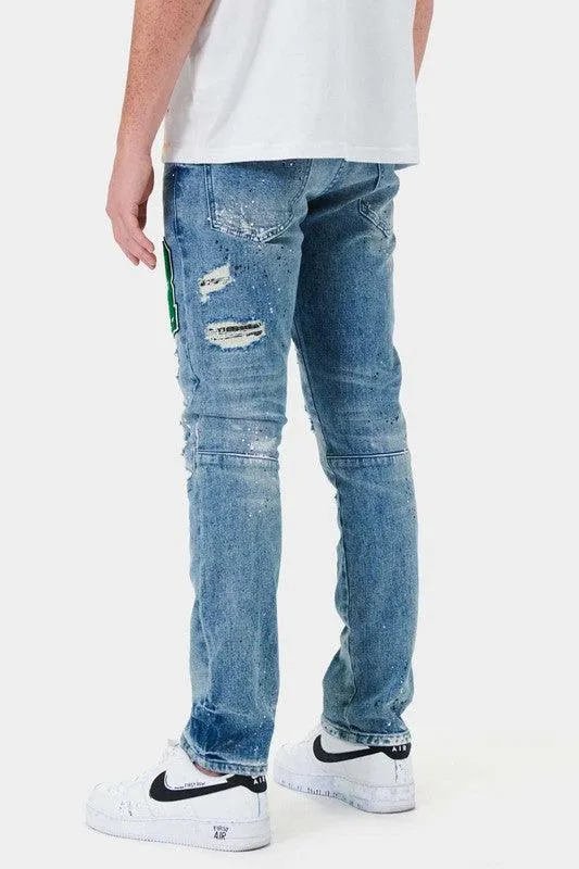 Mens Varsity Patched Slim Denim