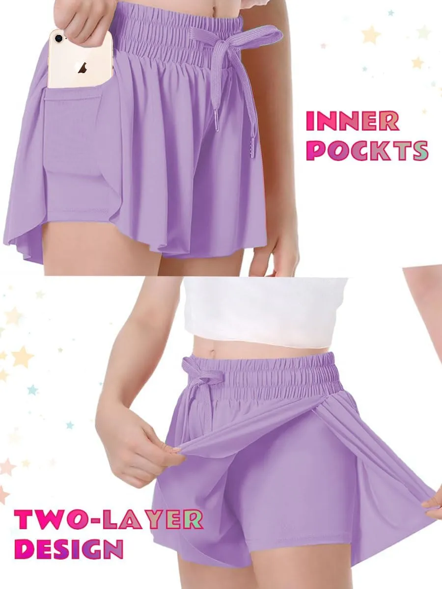 MODERN ASIR 3 Pack Girls Flowy Shorts with Spandex Liner 2-in-1 Youth Butterfly Skirts for Fitness, Running, Sports