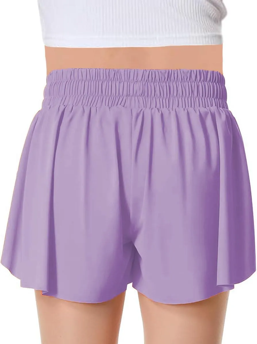 MODERN ASIR 3 Pack Girls Flowy Shorts with Spandex Liner 2-in-1 Youth Butterfly Skirts for Fitness, Running, Sports