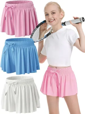 MODERN ASIR 3 Pack Girls Flowy Shorts with Spandex Liner 2-in-1 Youth Butterfly Skirts for Fitness, Running, Sports