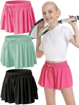 MODERN ASIR 3 Pack Girls Flowy Shorts with Spandex Liner 2-in-1 Youth Butterfly Skirts for Fitness, Running, Sports