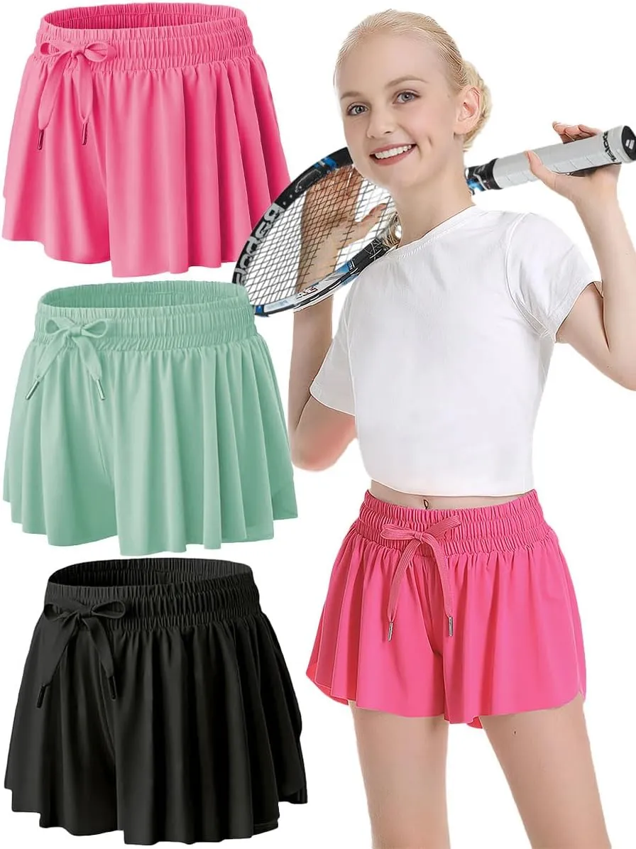 MODERN ASIR 3 Pack Girls Flowy Shorts with Spandex Liner 2-in-1 Youth Butterfly Skirts for Fitness, Running, Sports