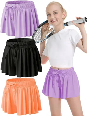 MODERN ASIR 3 Pack Girls Flowy Shorts with Spandex Liner 2-in-1 Youth Butterfly Skirts for Fitness, Running, Sports
