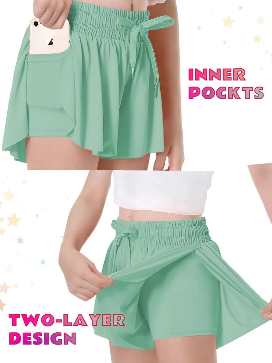 MODERN ASIR 3 Pack Girls Flowy Shorts with Spandex Liner 2-in-1 Youth Butterfly Skirts for Fitness, Running, Sports