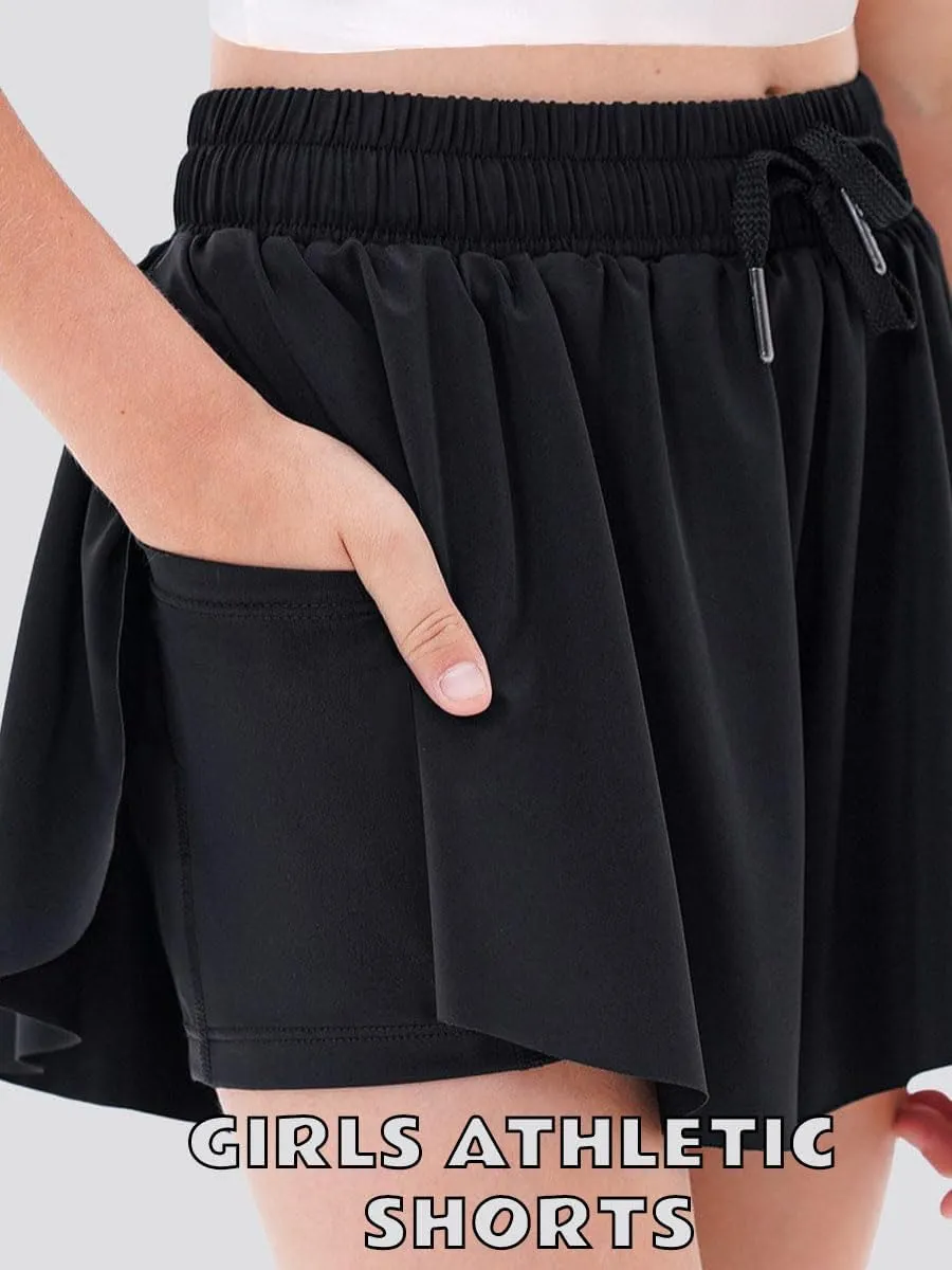MODERN ASIR 3 Pack Girls Flowy Shorts with Spandex Liner 2-in-1 Youth Butterfly Skirts for Fitness, Running, Sports