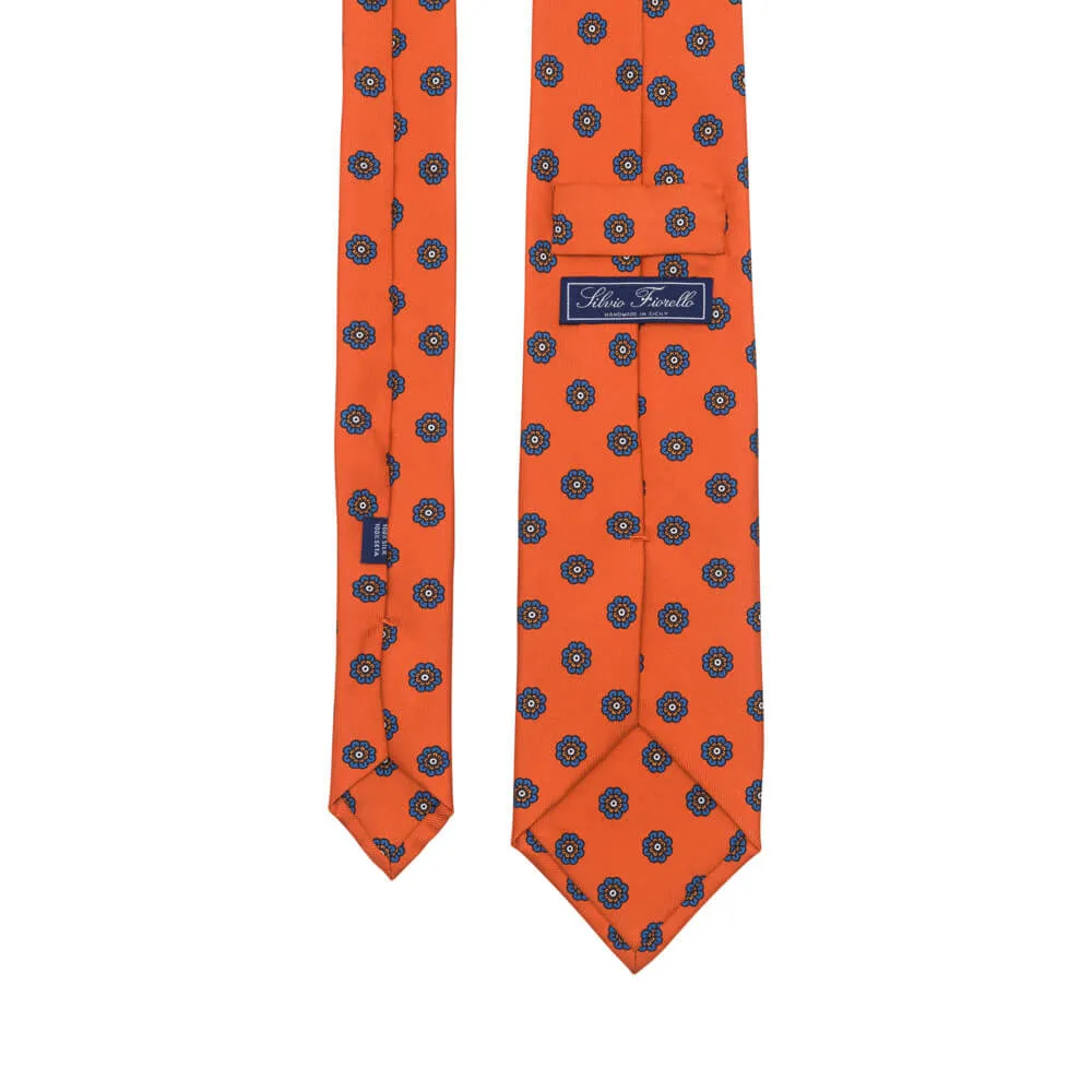 Orange and Blue Classic Flower Twill Silk Tie