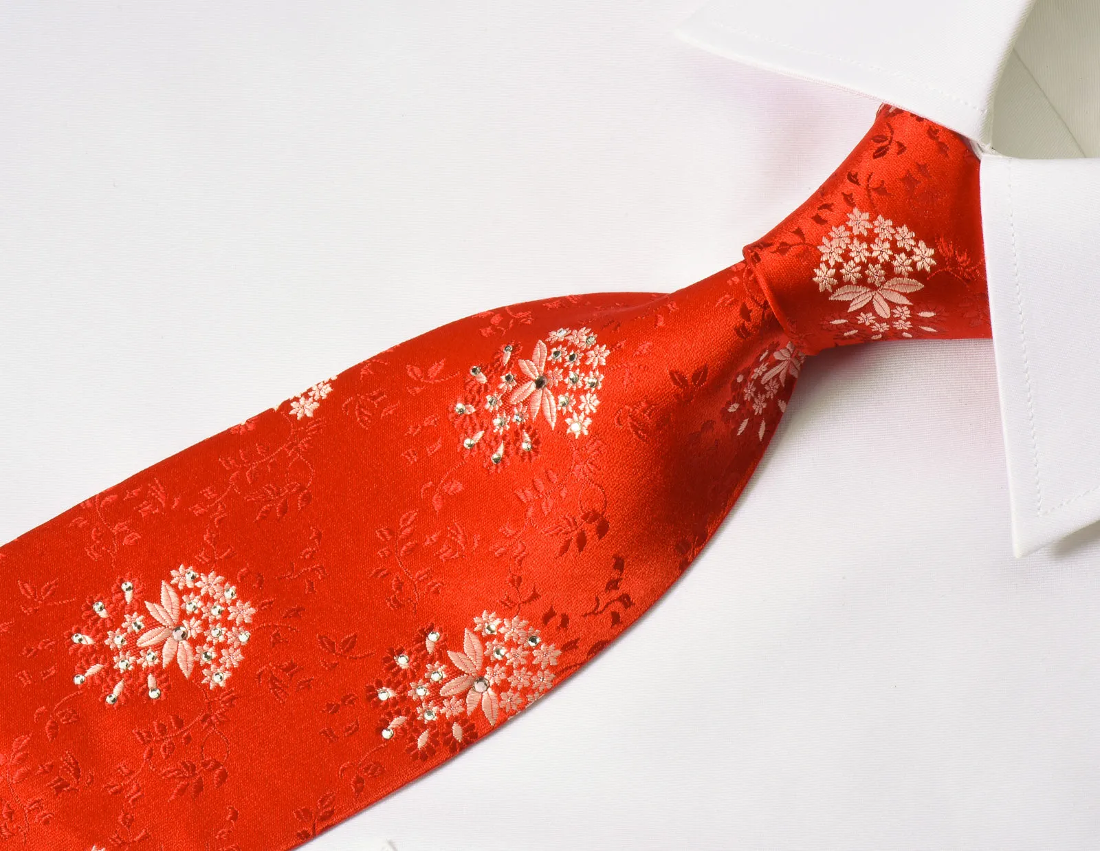 Renoir Rhinestone Silk Necktie Floral On Red With Sparkles