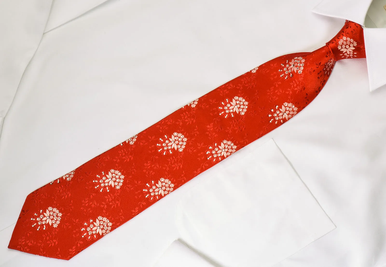 Renoir Rhinestone Silk Necktie Floral On Red With Sparkles