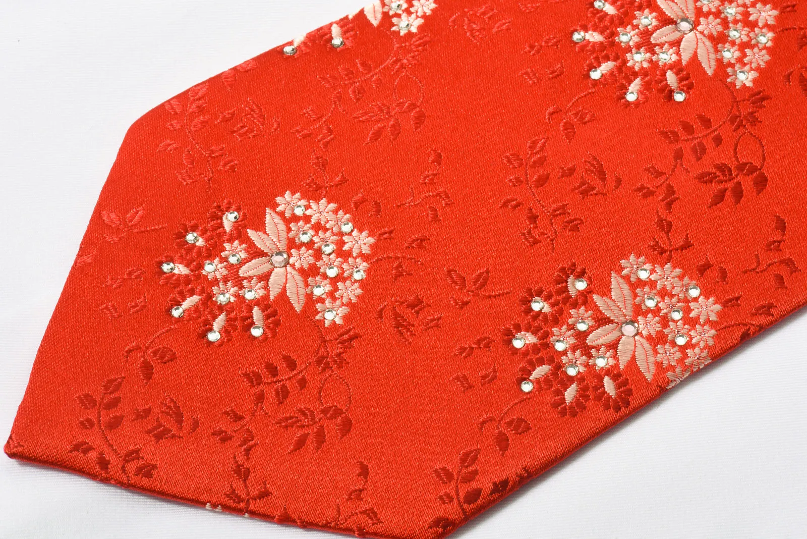 Renoir Rhinestone Silk Necktie Floral On Red With Sparkles