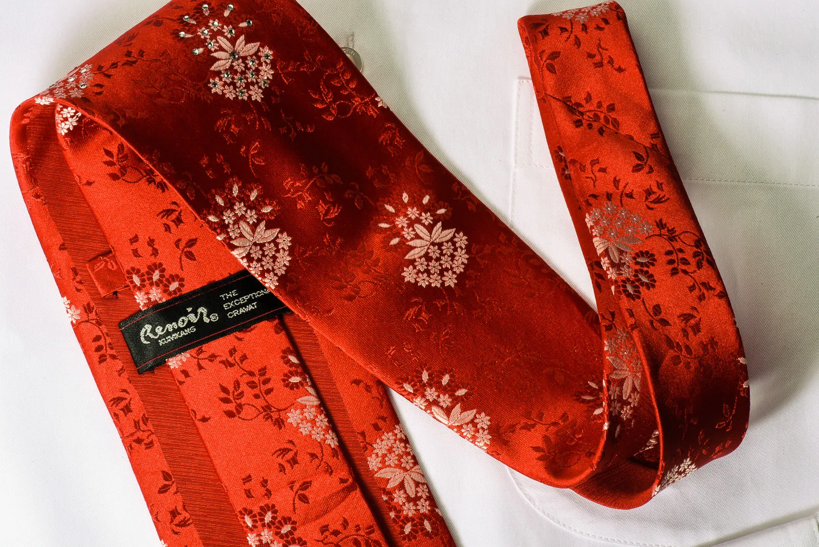 Renoir Rhinestone Silk Necktie Floral On Red With Sparkles