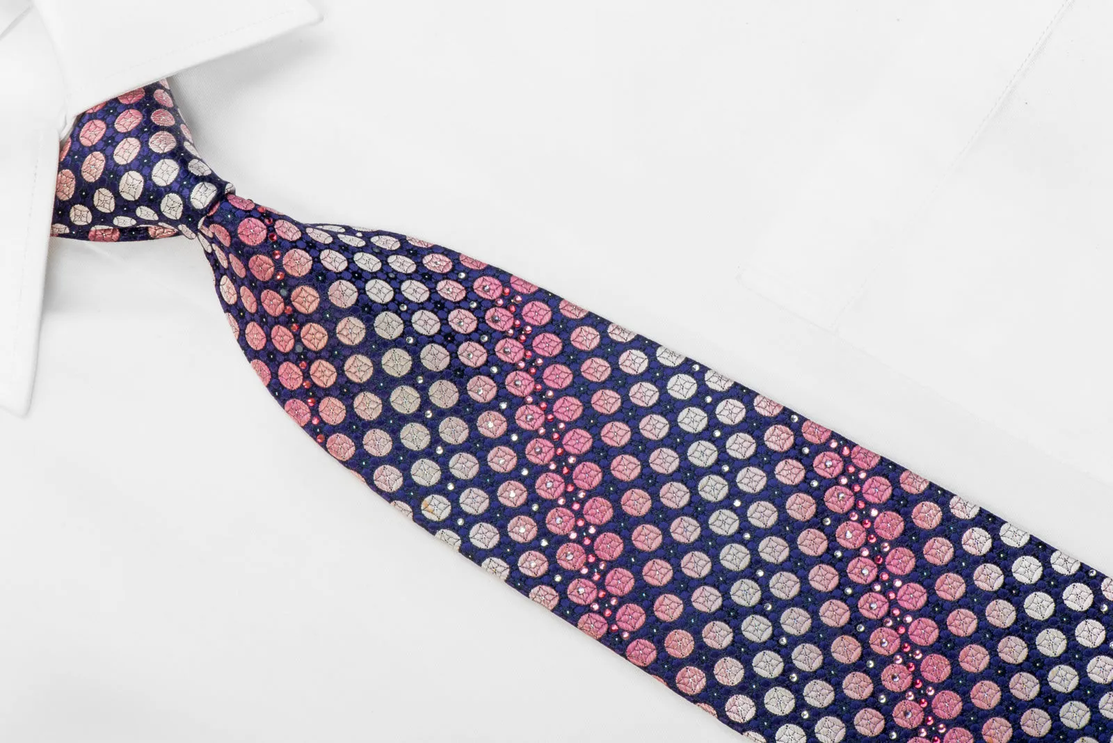 Renoma Rhinestone Silk Tie Purple Geometric Dots On Navy With Sparkles