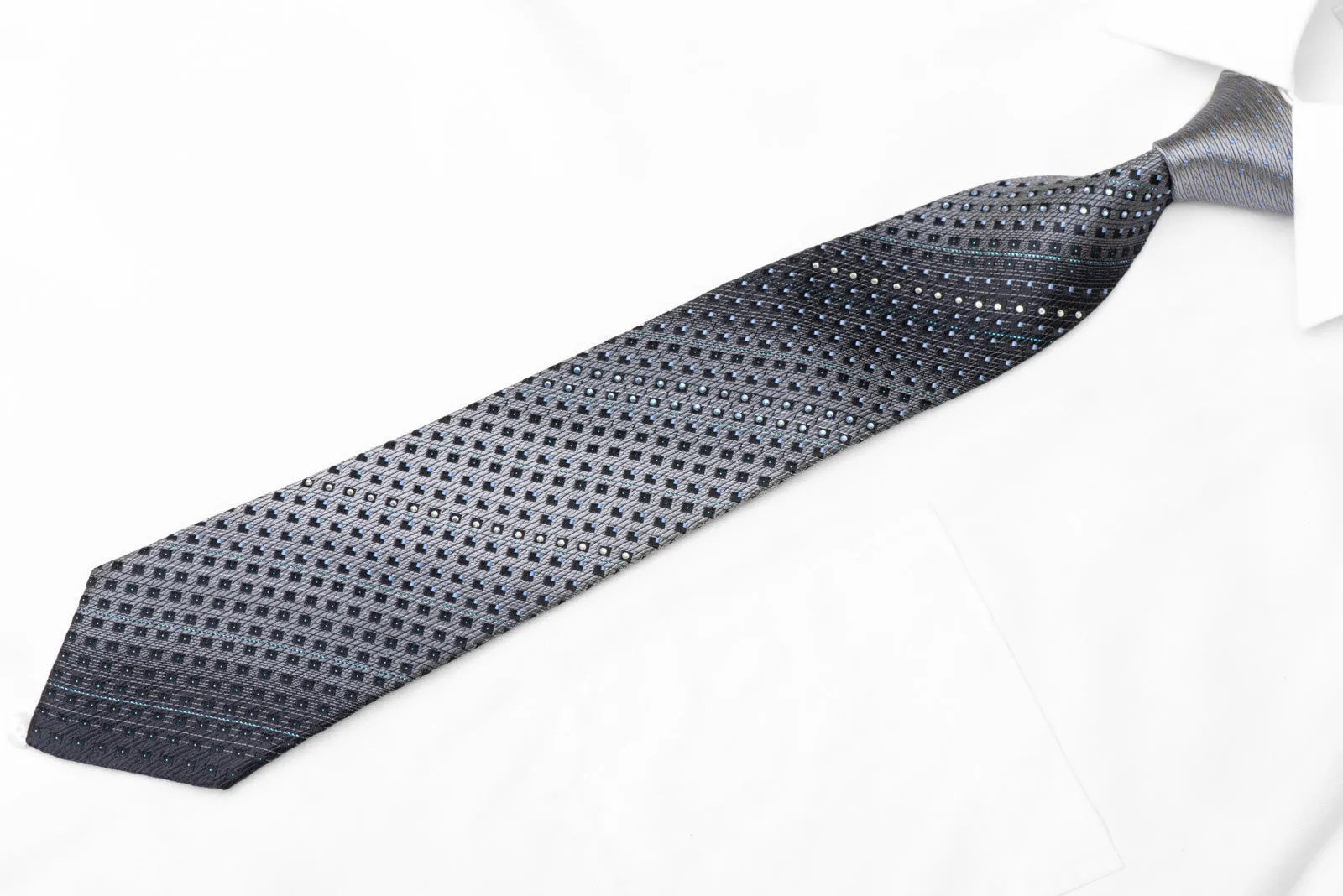 Silver Black Blue Geometric Rhinestone Silk Tie With Blue Sparkles