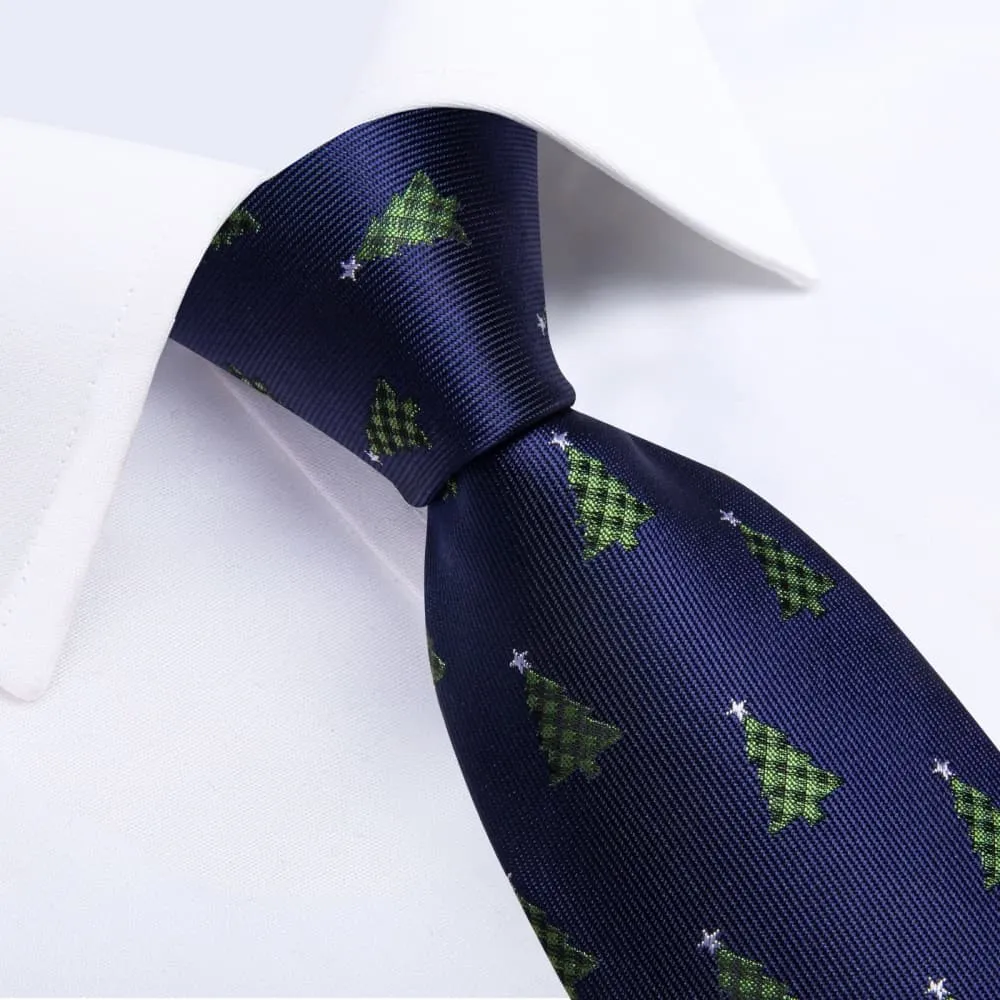 Ties2you Dark Blue Green Christmas Tree Necktie Pocket Square Cufflinks Set