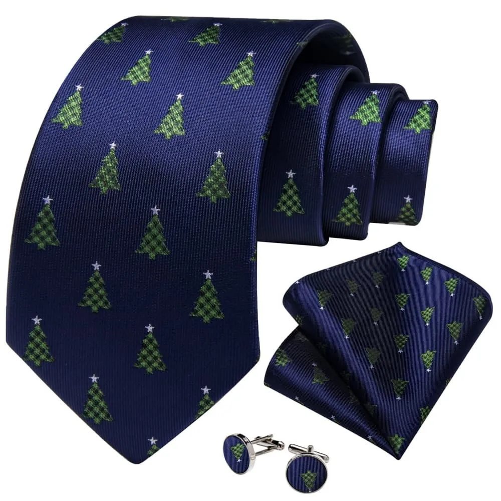 Ties2you Dark Blue Green Christmas Tree Necktie Pocket Square Cufflinks Set