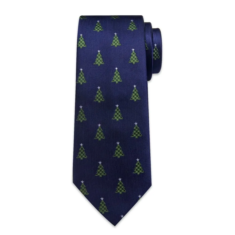 Ties2you Dark Blue Green Christmas Tree Necktie Pocket Square Cufflinks Set