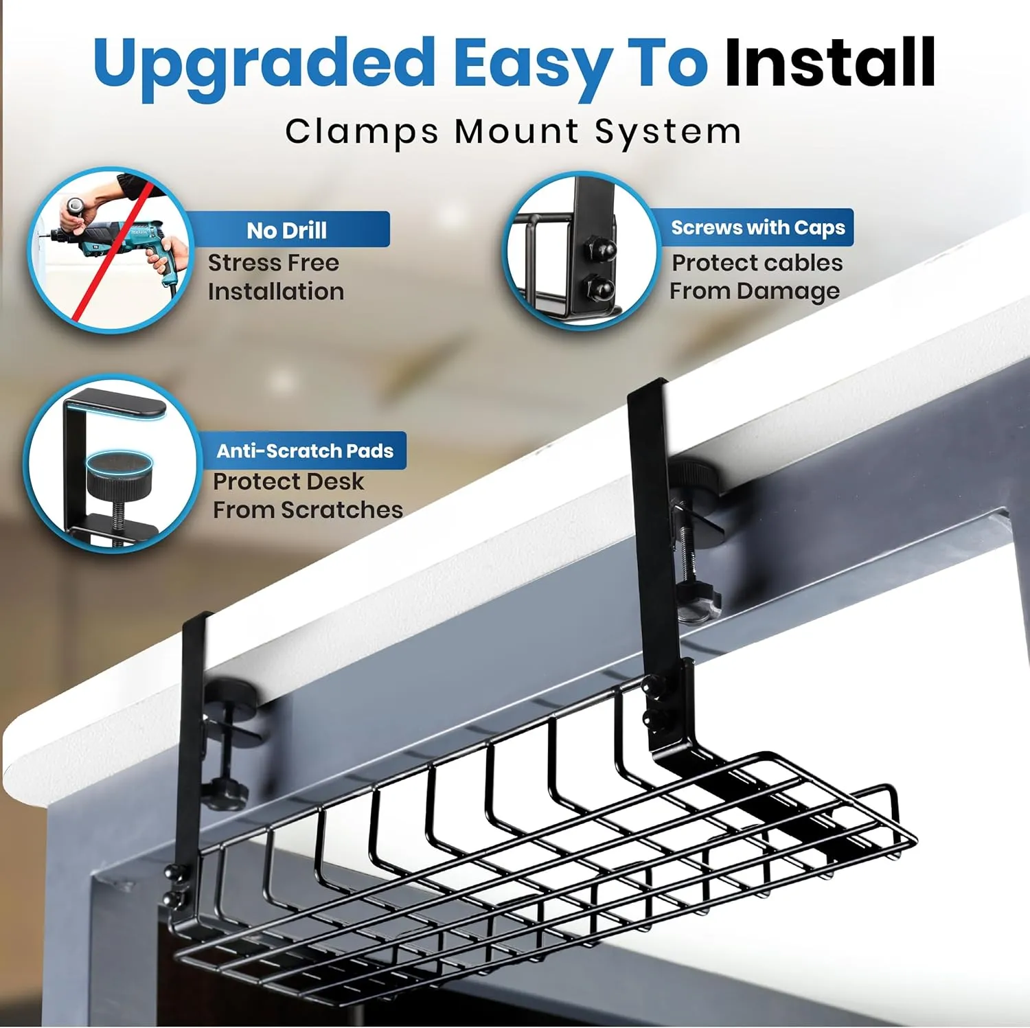 Under Desk Cable Management Tray, 16 No Drill Cord Organizer with Clamps for Wire Management, 4mm Sturdy Wire Desk Cable Organizer Tray, Cable Management Rack for Office